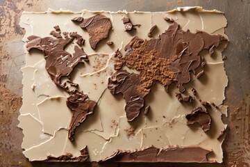 A deliciously unique world map designed from broken pieces of milk and white chocolate..