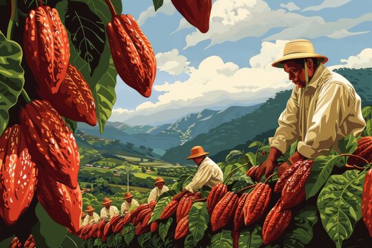 A vibrant vintage-style illustration depicting farmers harvesting cacao in a lush valley..