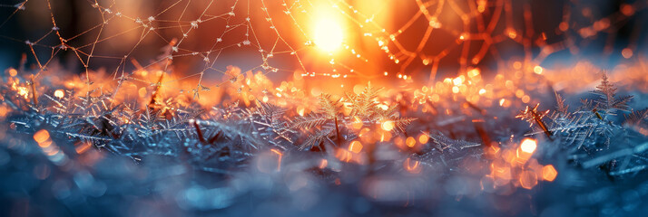 Glistening Ice Crystals with Warm Sunrise Glow on a Winter Morning - obrazy, fototapety, plakaty