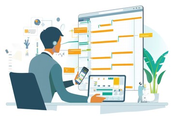 Fototapeta premium Visual representation of a project manager updating tasks with milestones progress planning and Gantt chart scheduling diagram, alongside a businessperson using a smartphone, tablet, and laptop.