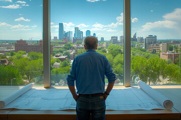 An architect looking out at the city from his office window.