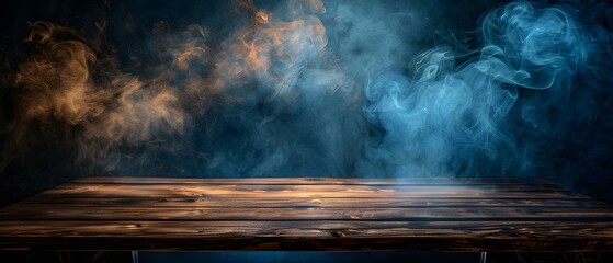 Mystic Smoke and Wooden Stage Display. Concept Fantasy Photography, Atmospheric Theater, Enchanting Set Design, Magical Effects - obrazy, fototapety, plakaty