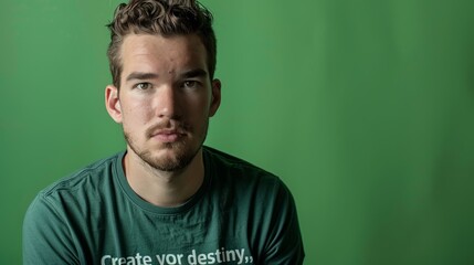 A young man in a green shirt confidently poses for a photo, showcasing determination and empowerment t shirt with quote "Create your destiny."