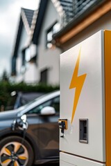 a white and yellow lightning bolt logo adorns the side of an outdoor home electrical panel, with charging station for electric vehicles. A car is seen in the background, 
