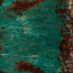 Rust background. Grunge overlay. Green brown color stain scratch rough metallic surface effect distressed hardware analog tech abstract. - 784697690