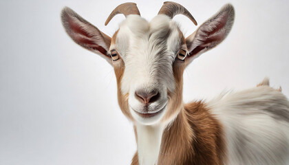 A close-up of a goat with brown and white fur and curved horns stands against a blurred natural background.