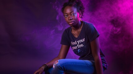 A young woman seated on a stool, wearing jeans, poses in front of a deep purple backdrop t shirt with quote "Find your fire."