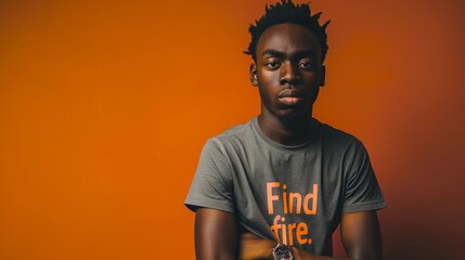 A young man with dreadlocks stands confidently against a vibrant orange background t shirt with...