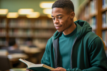 Young African American Man Reading in Library Setting