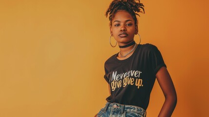 Young woman wearing a t-shirt with the words never give me up with hands in pockets against an orange background
