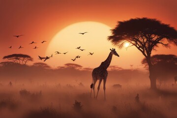 Paisagem da savana africana ao por do sol, hora de ouro, e a silhueta de uma girafa em primeiro plano  - obrazy, fototapety, plakaty