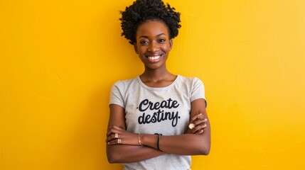 A young woman stands confidently with her arms crossed in front of a vibrant yellow wall t shirt with quote "Create your destiny."
