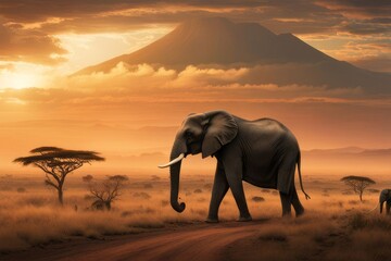 Paisagem da savana africana ao por do sol, hora de ouro, um elefante em  primeiro plano e ao fundo o monte Kilimanjaro. Gerado com IA - obrazy, fototapety, plakaty