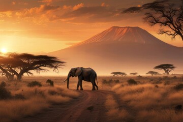 Paisagem da savana africana ao por do sol, hora de ouro, um elefante em primeiro plano e ao fundo o monte Kilimanjaro. Gerado com IA - obrazy, fototapety, plakaty