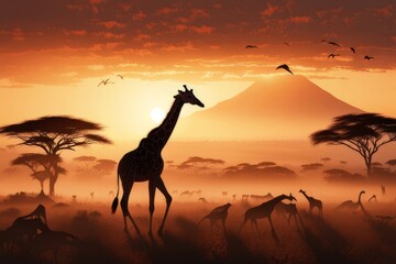 Paisagem da savana africana ao por do sol, hora de ouro, e a silhueta de uma girafa em primeiro plano  - obrazy, fototapety, plakaty
