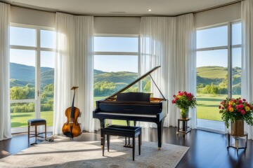 Sala de música, com um piano, em frente a uma janela ampla de onde se vê uma paisagem de campo e moontanhas,