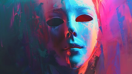 A vibrant and abstract depiction of a mask or face, with contrasting colors and expressive brush strokes, evoking a sense of emotion and intensity. - obrazy, fototapety, plakaty