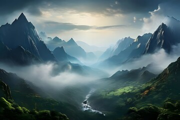 a majestic mountain range shrouded in mist and surrounded by lush valleys - obrazy, fototapety, plakaty