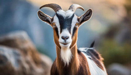 A goat with black, brown and white fur and curved horns stands against a blurred natural background.