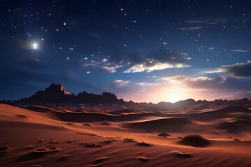 a moonlit desert landscape with towering sand dunes and a star filled sky