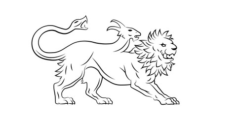 Heraldic chimera. Lion, goat head, snake tail. Symbol, sign, line, icon, silhouette, tattoo. Lines. Isolated vector illustration.