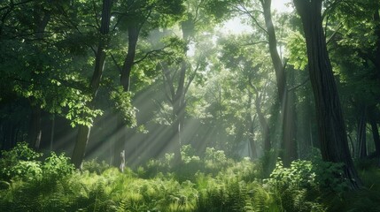 A serene forest scene with dappled light filtering through the canopy, creating a peaceful and naturalistic setting.