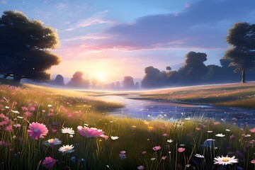 a tranquil meadow at dawn with dew covered grass and delicate flowers