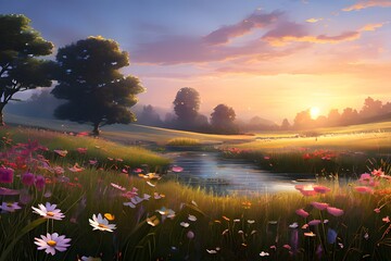 a tranquil meadow at dawn with dew covered grass and delicate flowers