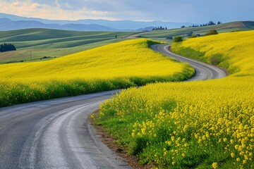 A winding road cuts through a vast field of vibrant yellow flowers, A winding road through bright yellow canola fields, AI Generated