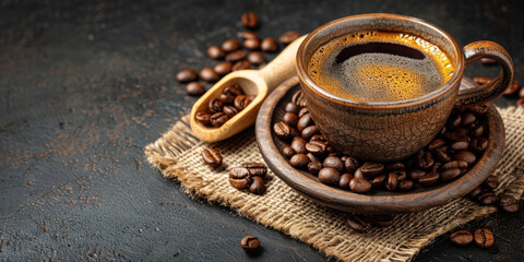 Rustic Morning Coffee: Ceramic Cup and Roasted Beans on Burlap