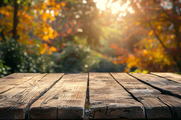 Idyllic Wooden Table with Warm Sunset Light in Serene Garden Setting