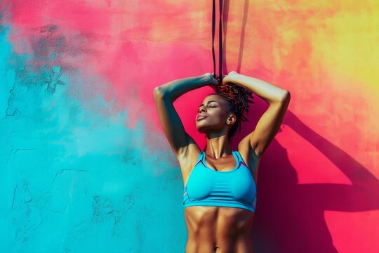 A woman wearing a blue bikini top holds onto a rope, A woman conquering her fitness fears in a vivid, motivational scene, AI Generated