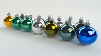 Christmas Bauble, Baubles on Solid tone Surface. A panoramic image showcasing baubles in vibrant colored tones reflecting a wintry setting placed on a solid surface, creating a cozy holiday scene