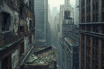 A photo capturing the impressive cityscape of a tall urban center adorned with numerous towering buildings, Abandoned skyscrapers in a post-apocalyptic cityscape, AI Generated - obrazy, fototapety, plakaty