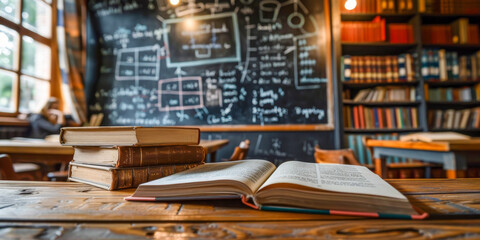 Cozy Study Space with Open Book and Chalkboard in Vintage Library