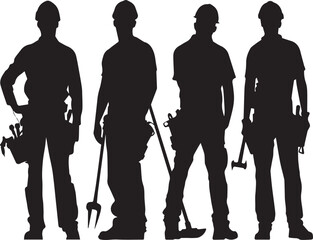 silhouette of professional workers people standing with construction tools. Florist, plumber, construction worker, builder  Happy Labor Day content. Vector illustration