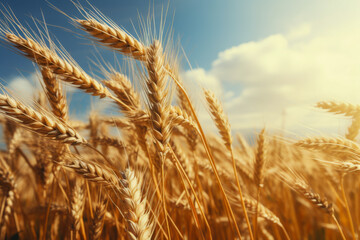 Fototapeta premium Golden Wheat Field Under Blue Sky: Agriculture, Harvest, and Nature