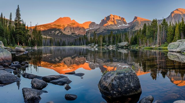Rocks are surrounding the quiet lake. The lake is reflecting two mountains, Ypsilon and Mount Chiquita. The mountains are lit by the morning light in Rocky Mountain National Park, Colorado.