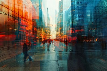 A blur of pedestrians walking along a busy city street, Abstract, dreamlike interpretation of futuristic city life, AI Generated