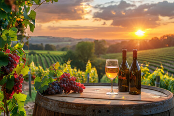 Naklejka premium Sunset Glow over Vineyard with Wine and Grapes on Wooden Barrel