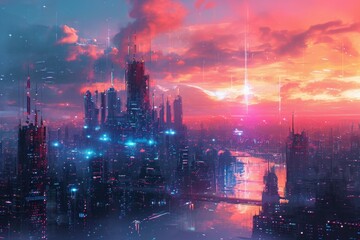 A stunning view of a modern city with futuristic architecture illuminated by a vibrant sunset, Abstract futuristic cityscape at dusk, AI Generated