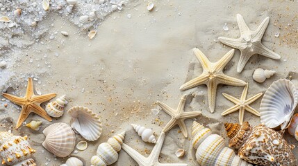 Fototapeta na wymiar Sandy beach with seashells and starfish scattered around, creating a natural and textured background.