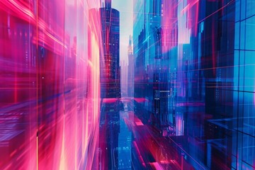 A photo capturing a cityscape bustling with towering buildings that dominate the skyline, Abstract holographic patterns in a futuristic city, AI Generated