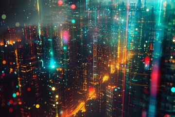 A bustling metropolis of the future, featuring a cityscape adorned with an array of dazzling and vibrant lights, Abstract holographic patterns in a futuristic city, AI Generated