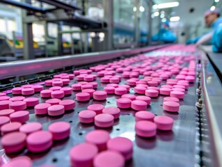 Macro Shot of Pink Pills During Production and Packing Process