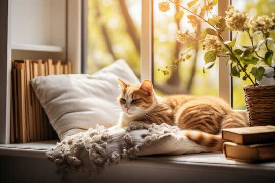 Cozy Domestic Cat Napping on Window Sill in Sunlight