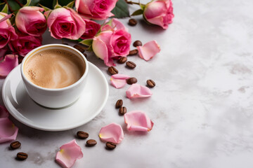 Elegant Morning Coffee and Pink Roses on Marble Background