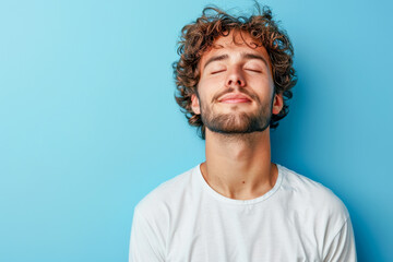 Serene Young Man Meditating in Tranquility Against Blue Backdrop - obrazy, fototapety, plakaty