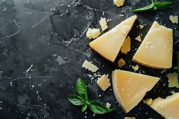Cheese background. Triangular pieces of hard cheese on a stone background. Parmesan. place for text. view from above, generative ai