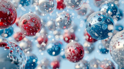 Christmas Bauble, Baubles on Solid tone Surface. A panoramic image showcasing baubles in vibrant colored tones reflecting a wintry setting placed on a solid surface, creating a cozy holiday scene